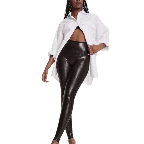 SPANX FAUX LEATHER BROWN CROC SHINE LEGGINGS SIZE SMALL - Picture 3 of 16